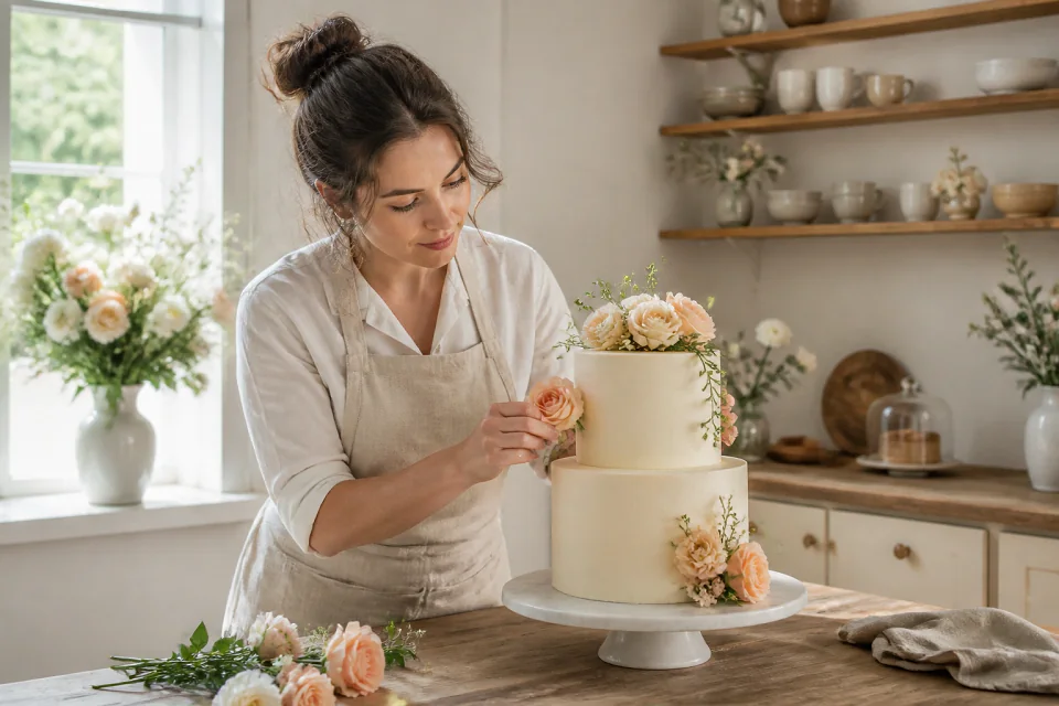 Gâteau de mariage préparé dans un atelier — illustration générée par IA