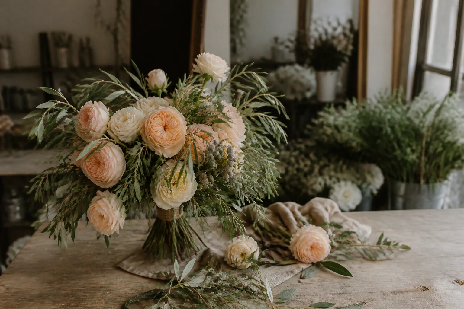 Préparation florale pour un mariage — illustration générée par IA