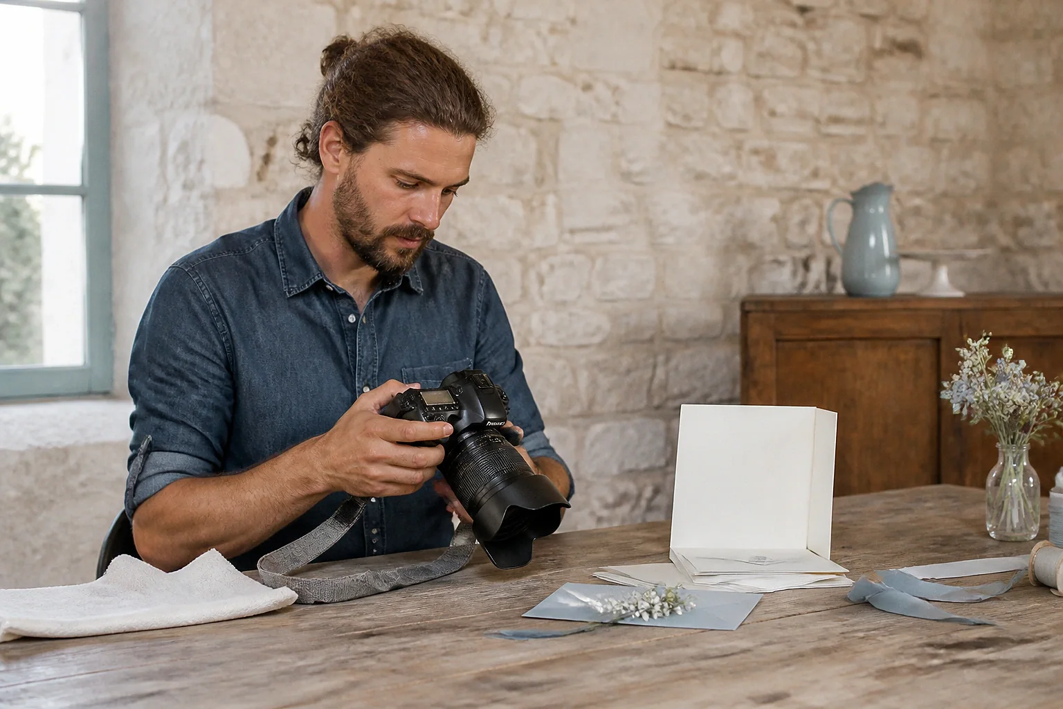 Appareil photo et accessoires de reportage de mariage — illustration générée par IA