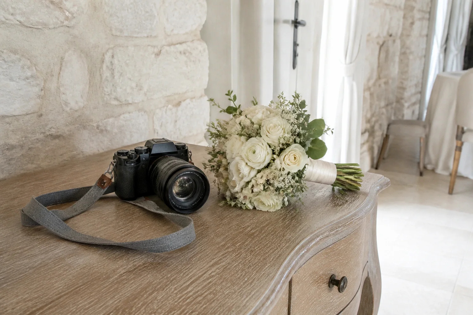 Appareil photo et accessoires de reportage de mariage — illustration générée par IA