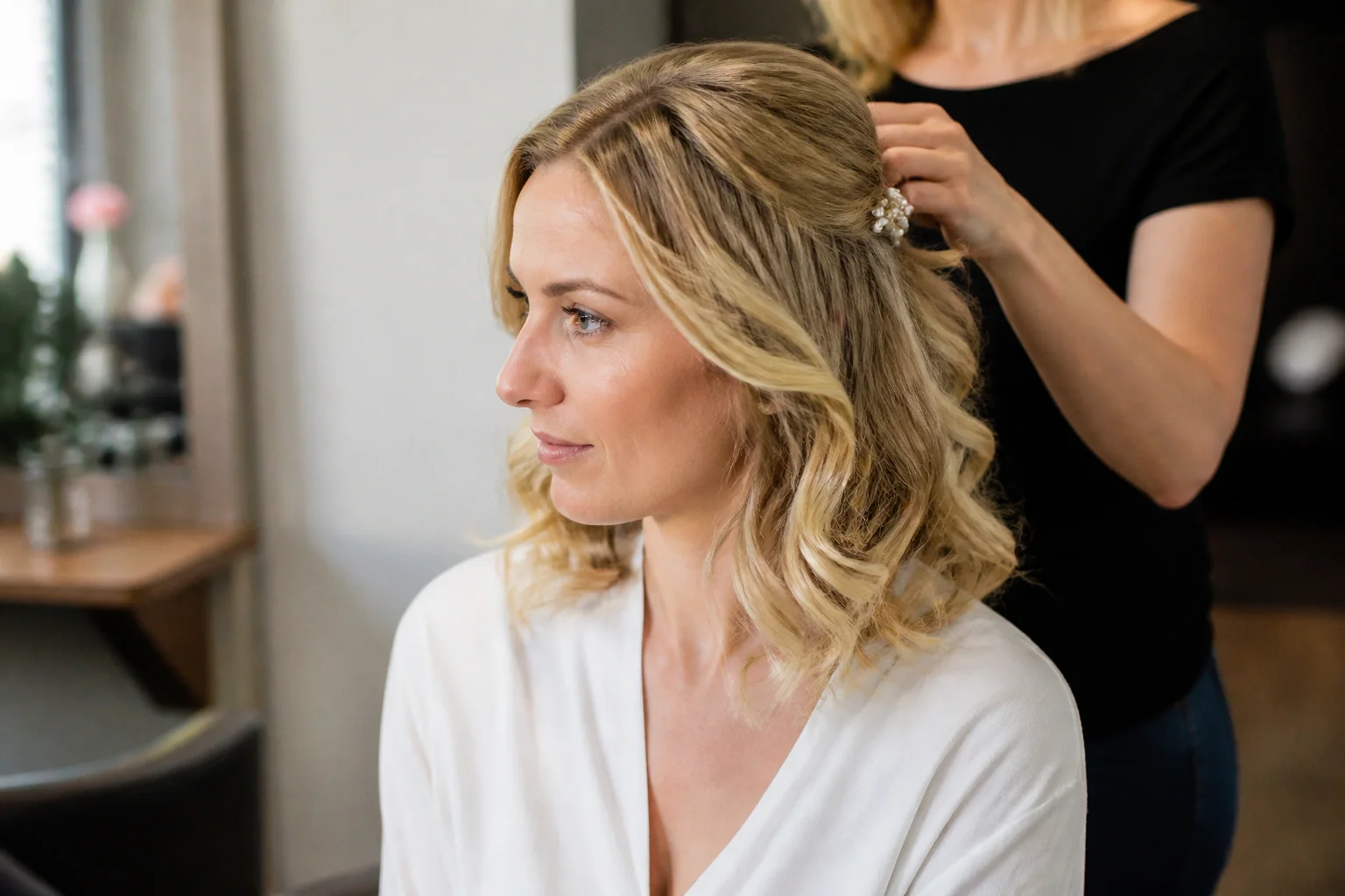 Coiffure de cérémonie vue pendant la préparation — illustration générée par IA
