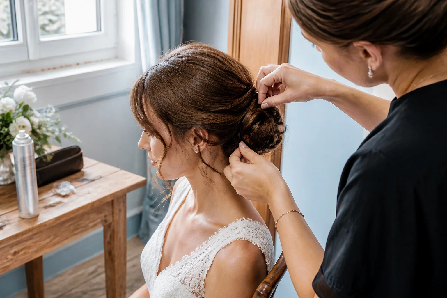 Coiffure de cérémonie vue pendant la préparation — illustration générée par IA