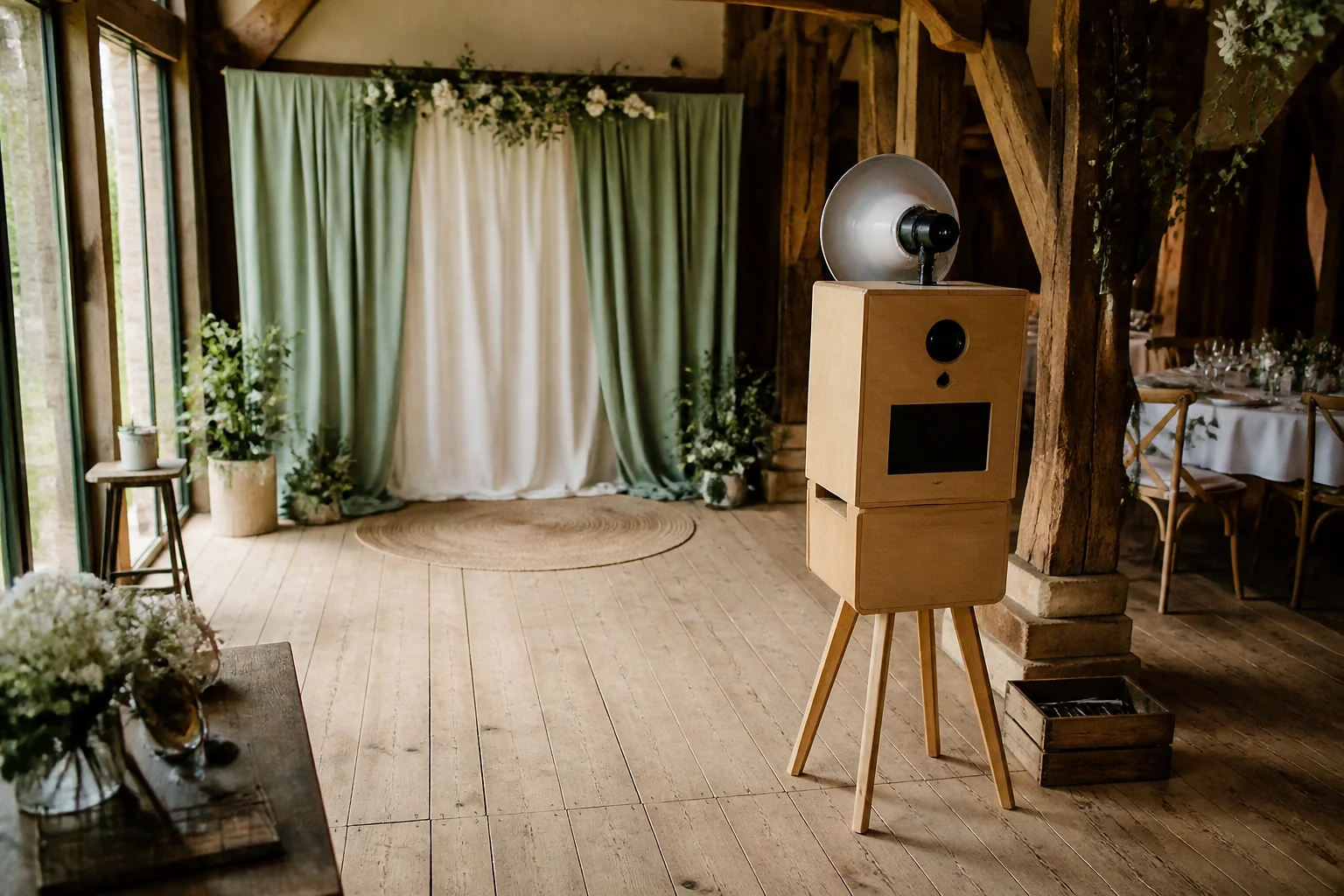 Borne photo installée pour une réception de mariage — illustration générée par IA