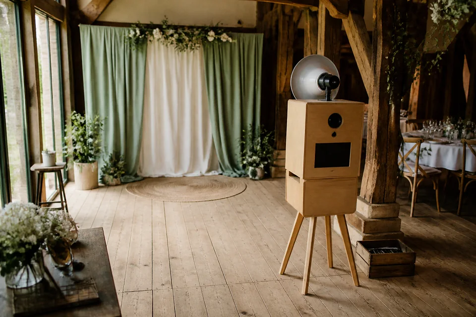 Borne photo installée pour une réception de mariage — illustration générée par IA