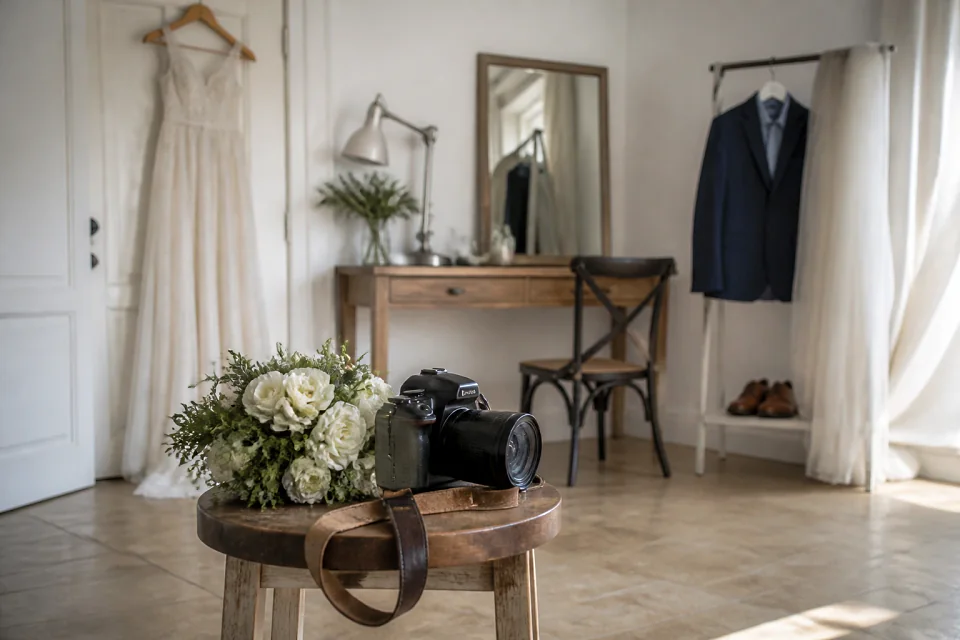 Appareil photo et accessoires de reportage de mariage — illustration générée par IA