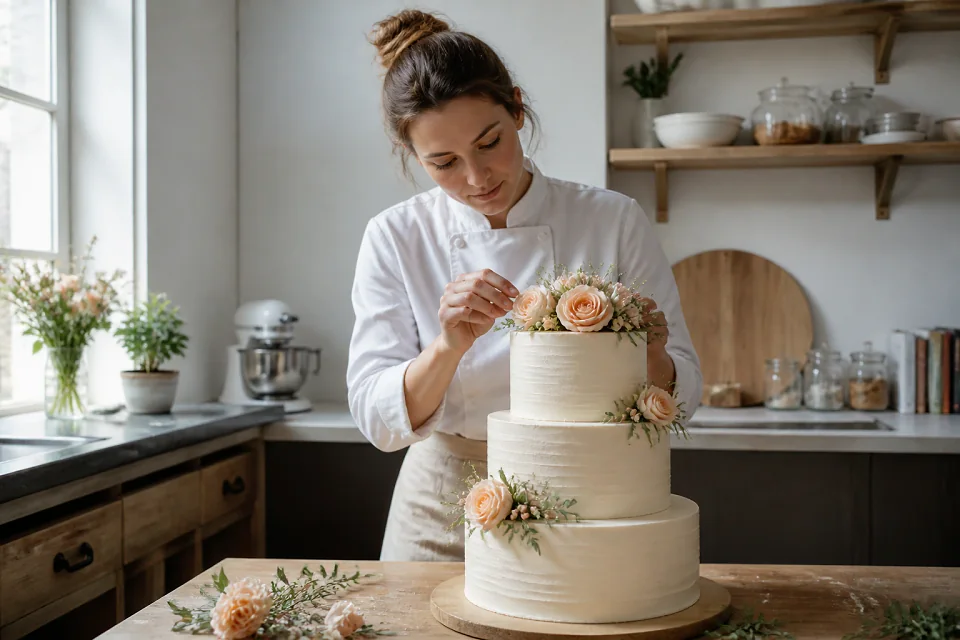 Gâteau de mariage préparé dans un atelier — illustration générée par IA