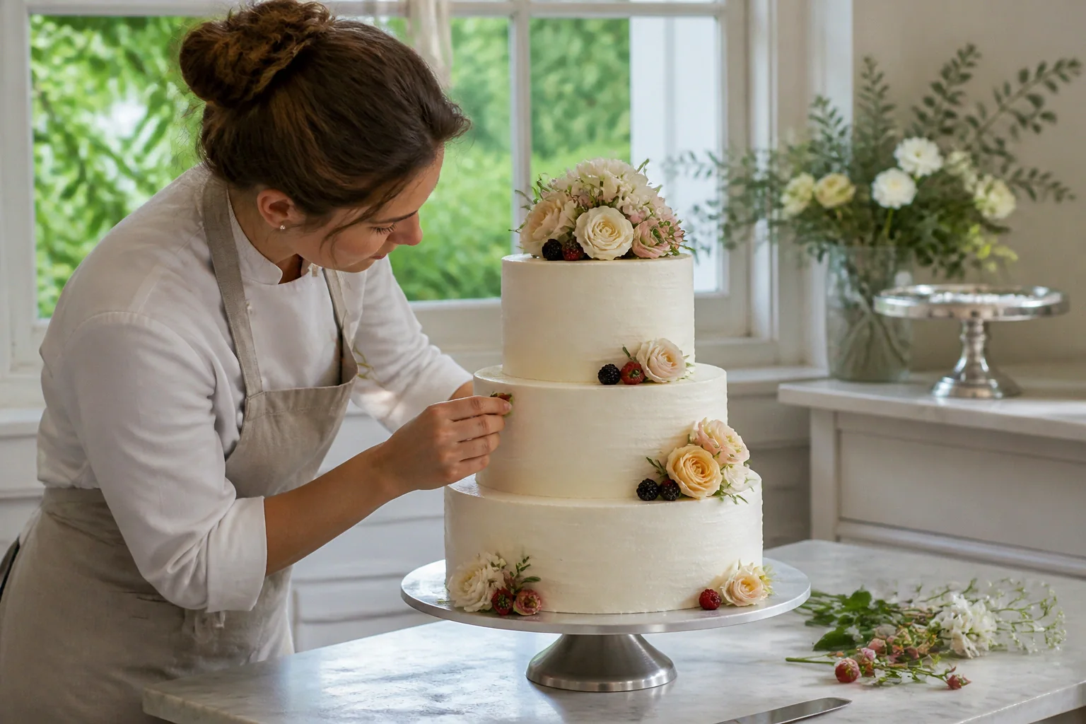 Gâteau de mariage préparé dans un atelier — illustration générée par IA