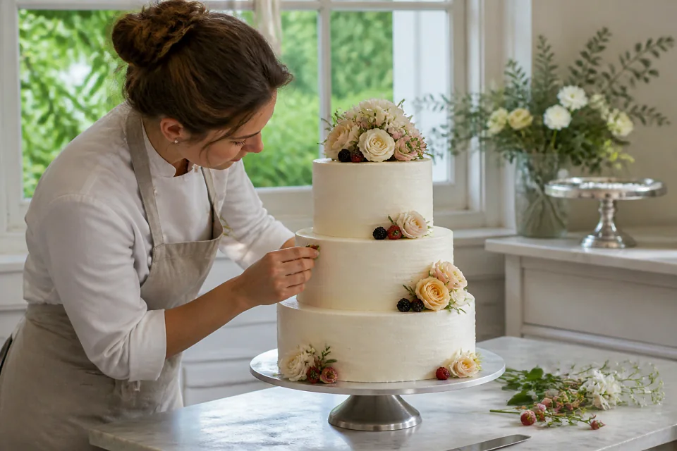 Gâteau de mariage préparé dans un atelier — illustration générée par IA