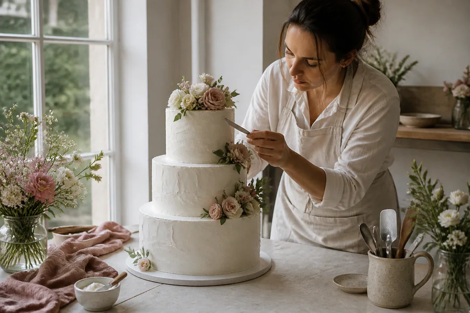 Gâteau de mariage préparé dans un atelier — illustration générée par IA