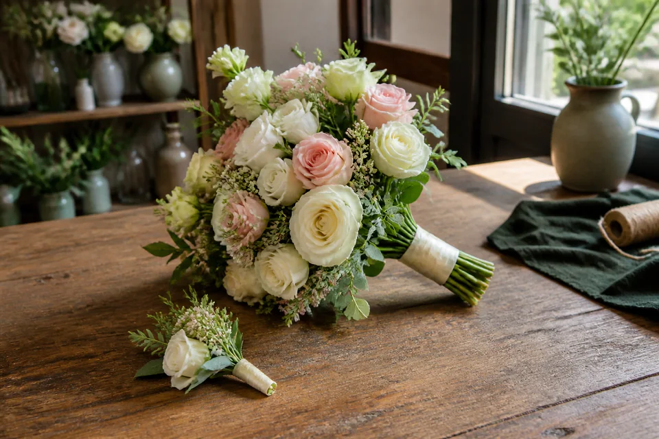 Préparation florale pour un mariage — illustration générée par IA