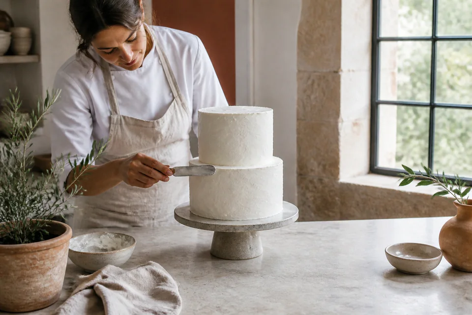 Gâteau de mariage préparé dans un atelier — illustration générée par IA