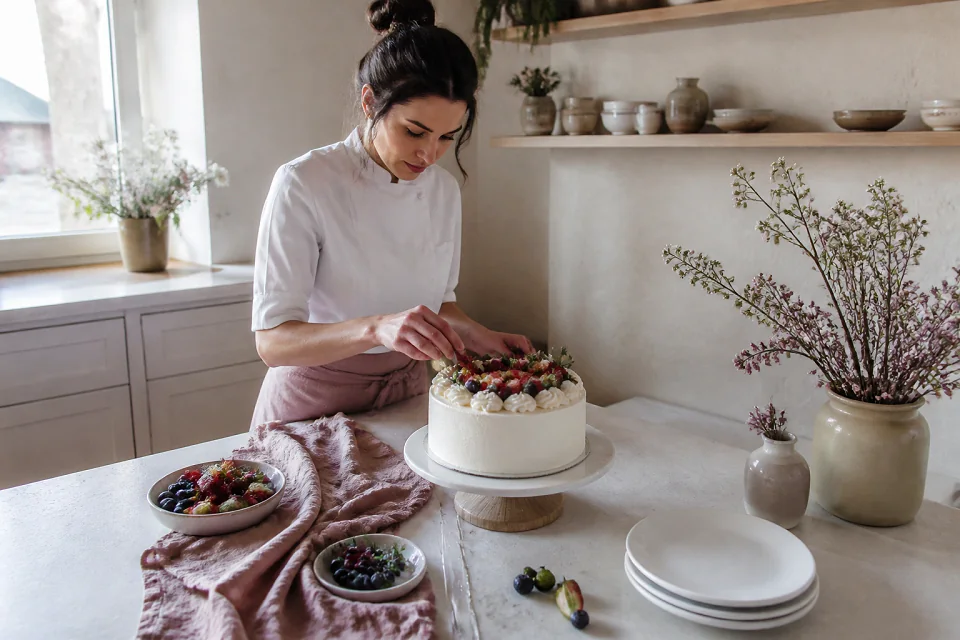 Gâteau de mariage préparé dans un atelier — illustration générée par IA