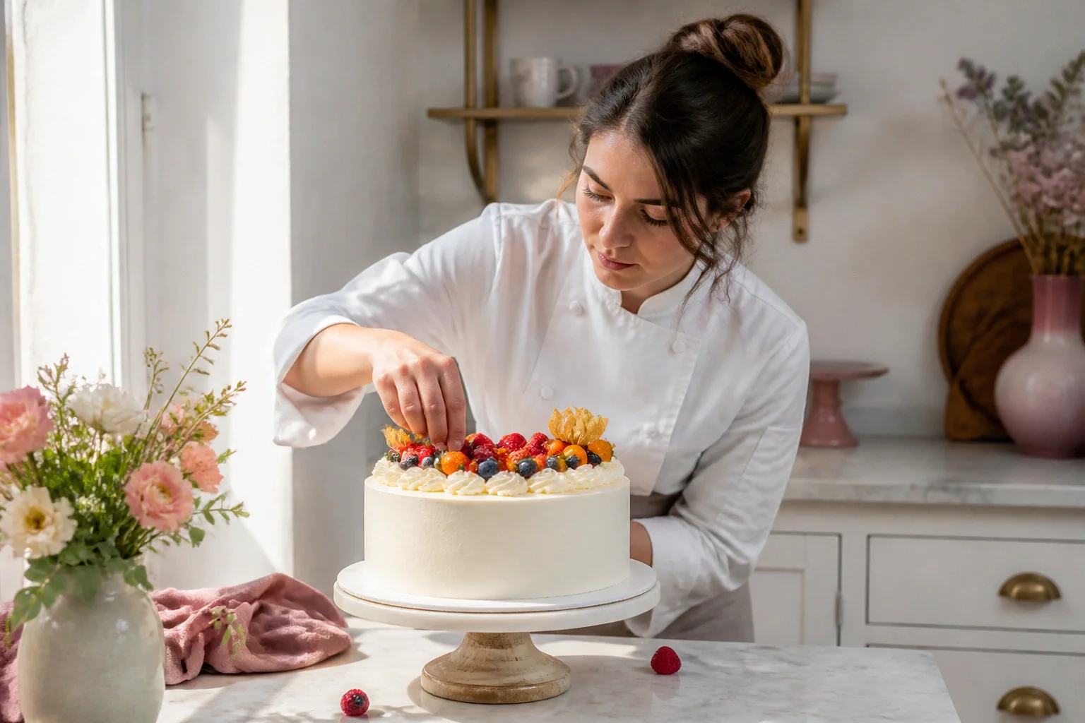 Gâteau de mariage préparé dans un atelier — illustration générée par IA