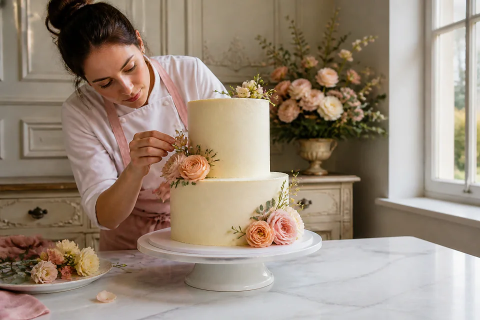 Gâteau de mariage préparé dans un atelier — illustration générée par IA