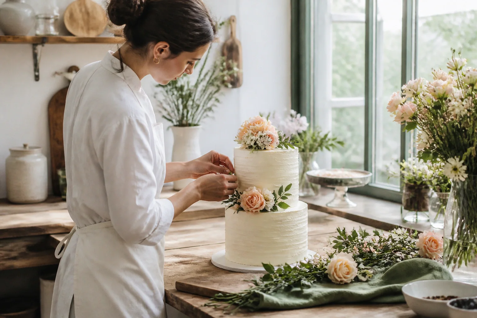 Gâteau de mariage préparé dans un atelier — illustration générée par IA