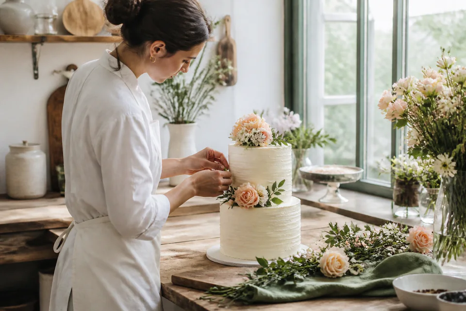 Gâteau de mariage préparé dans un atelier — illustration générée par IA