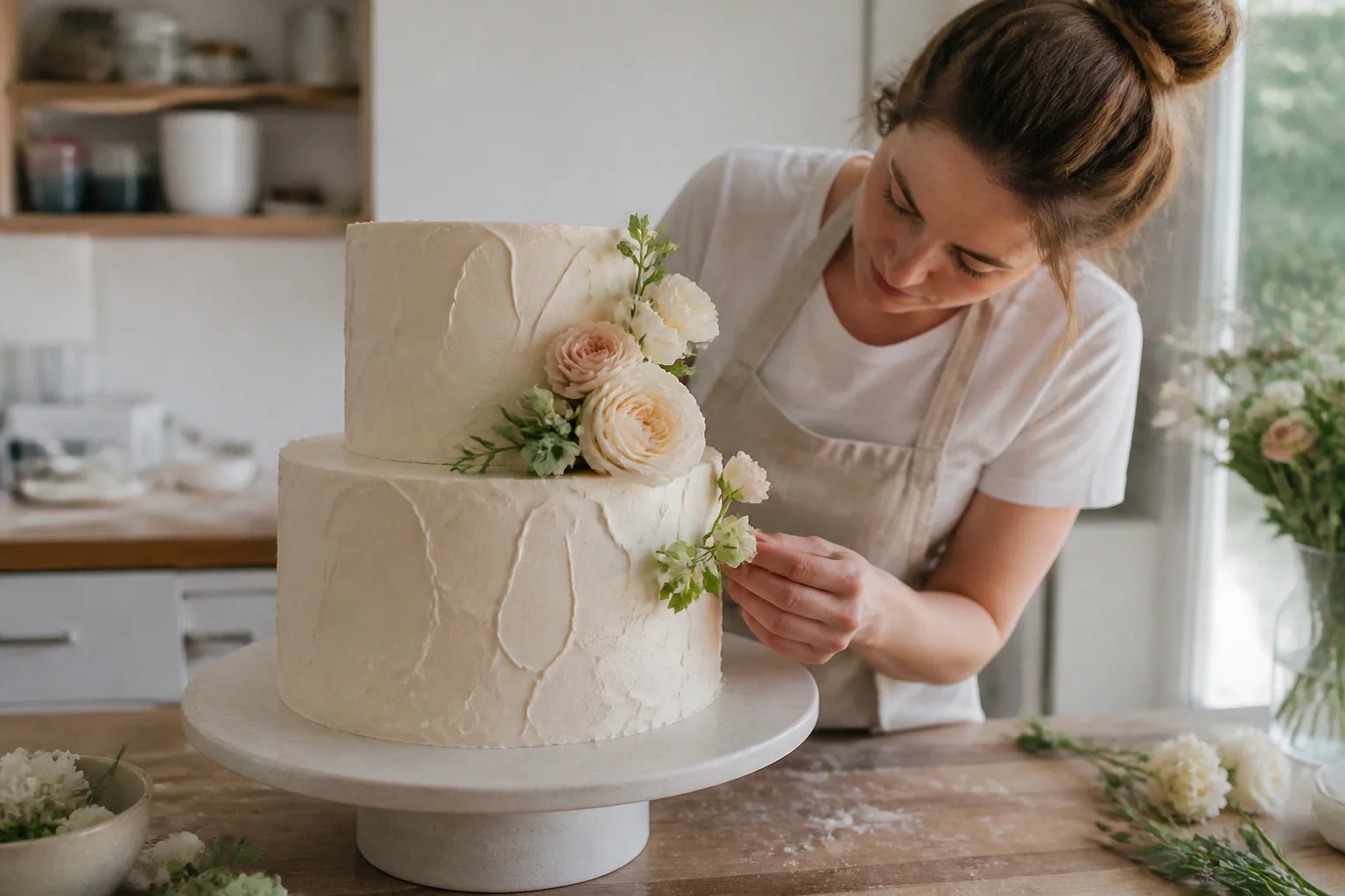 Gâteau de mariage préparé dans un atelier — illustration générée par IA