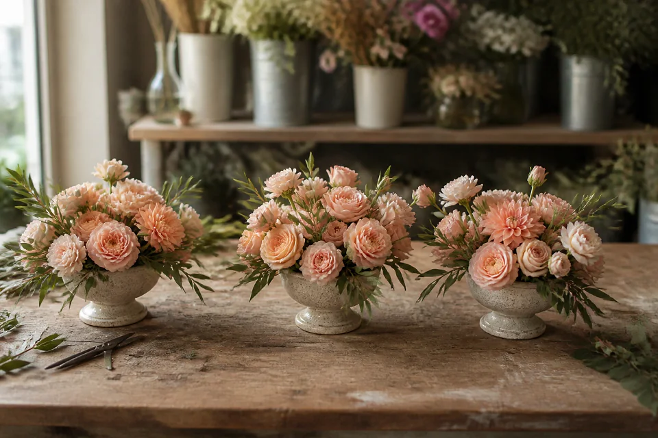 Préparation florale pour un mariage — illustration générée par IA