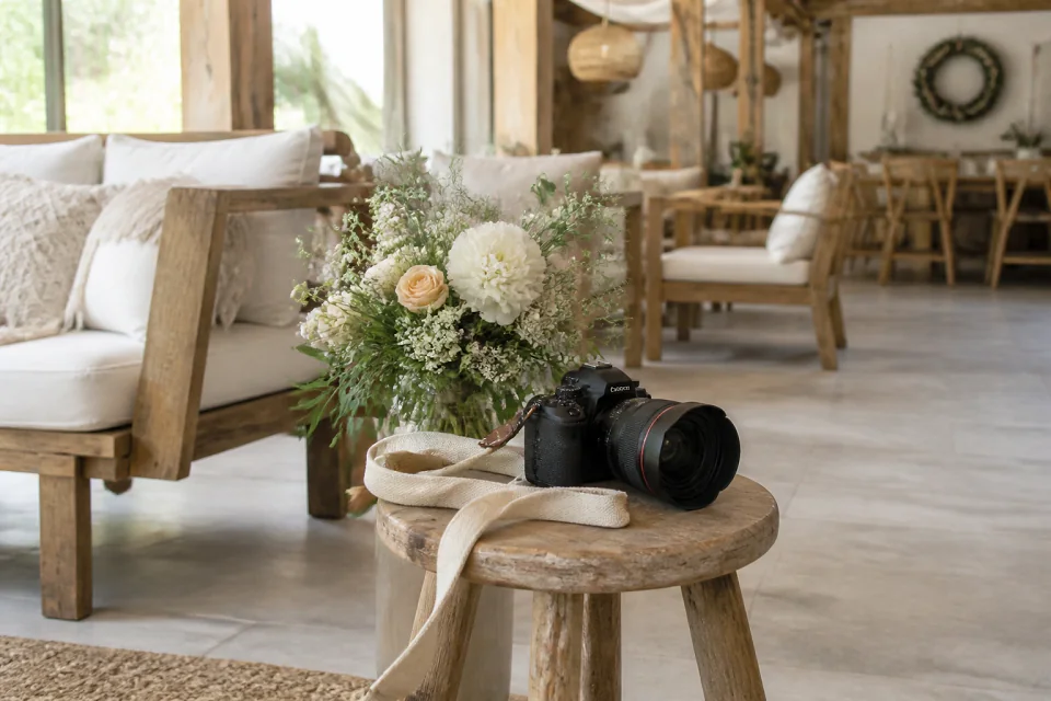Appareil photo et accessoires de reportage de mariage — illustration générée par IA