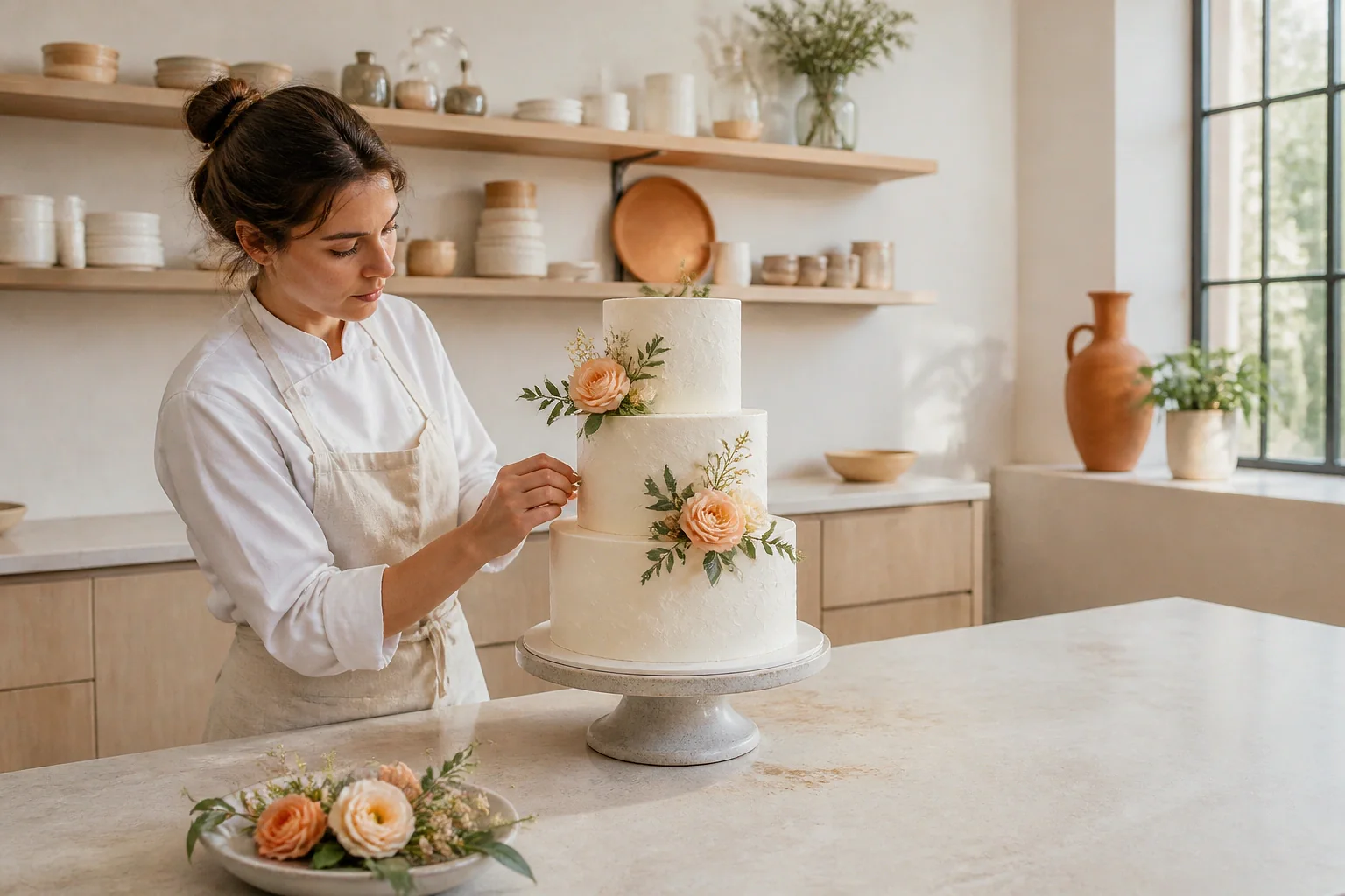 Gâteau de mariage préparé dans un atelier — illustration générée par IA