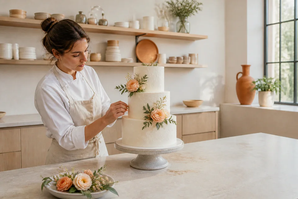 Gâteau de mariage préparé dans un atelier — illustration générée par IA