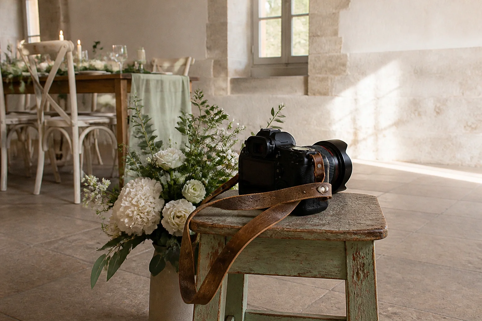 Appareil photo et accessoires de reportage de mariage — illustration générée par IA