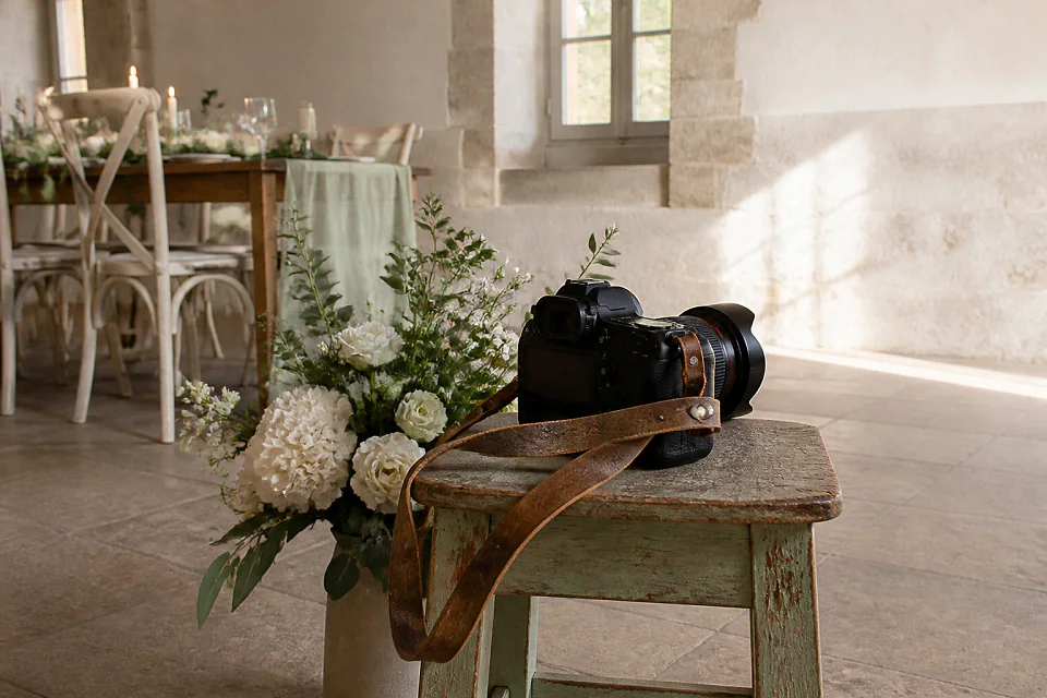 Appareil photo et accessoires de reportage de mariage — illustration générée par IA