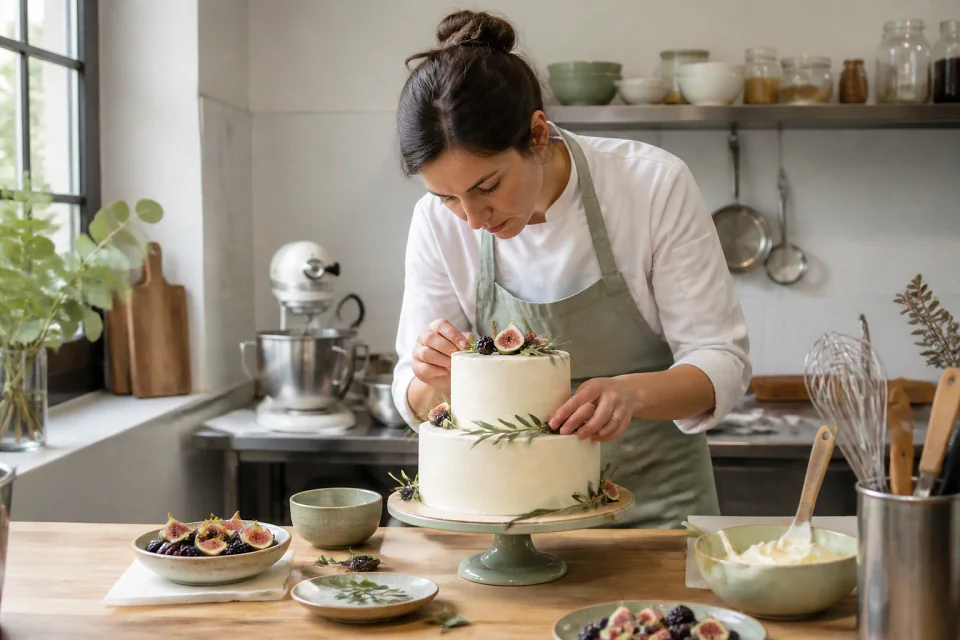 Gâteau de mariage préparé dans un atelier — illustration générée par IA