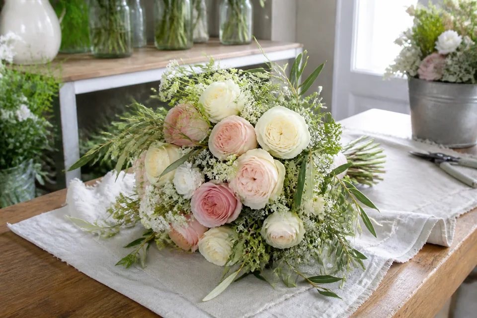 Préparation florale pour un mariage — illustration générée par IA