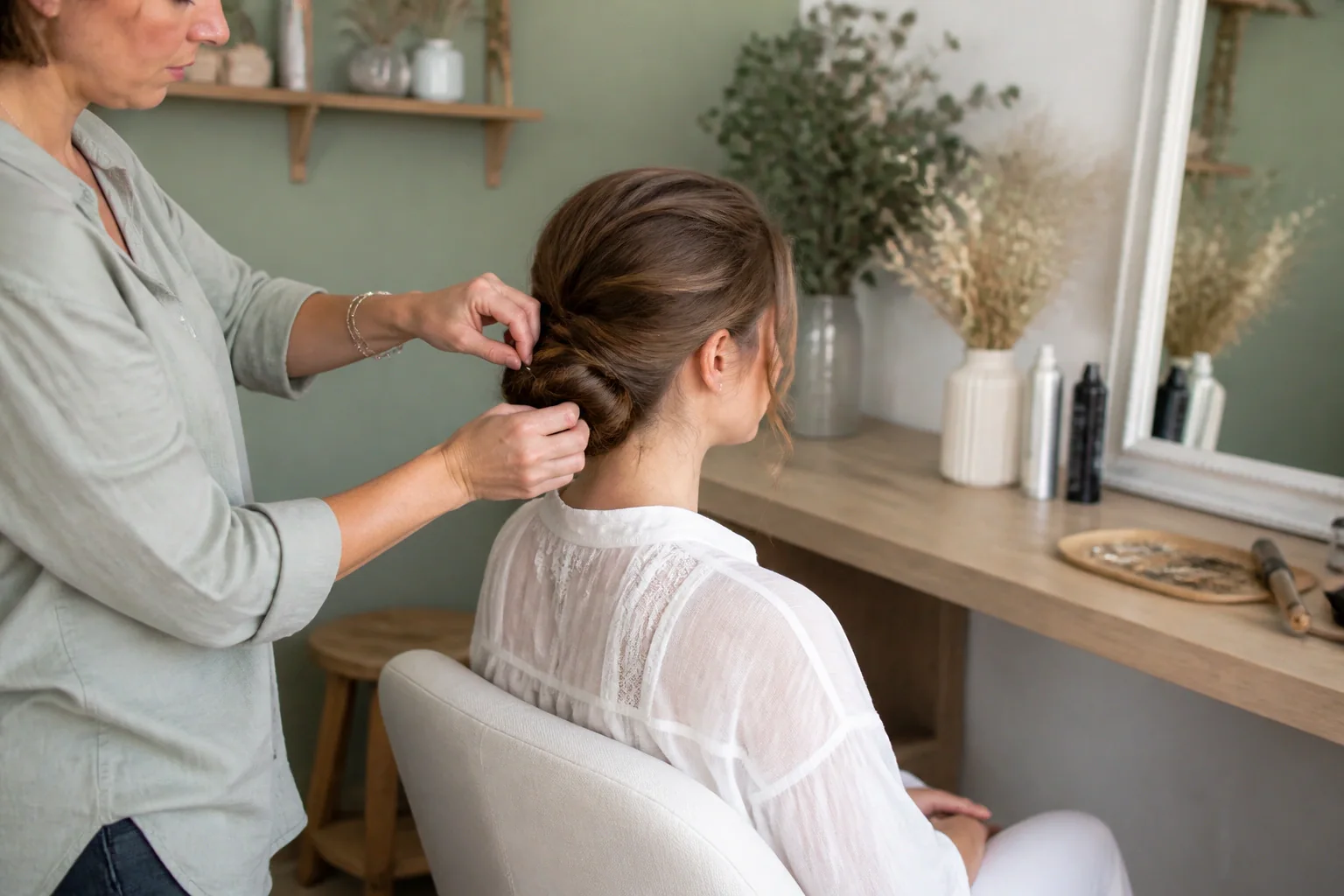 Coiffure de cérémonie vue pendant la préparation — illustration générée par IA