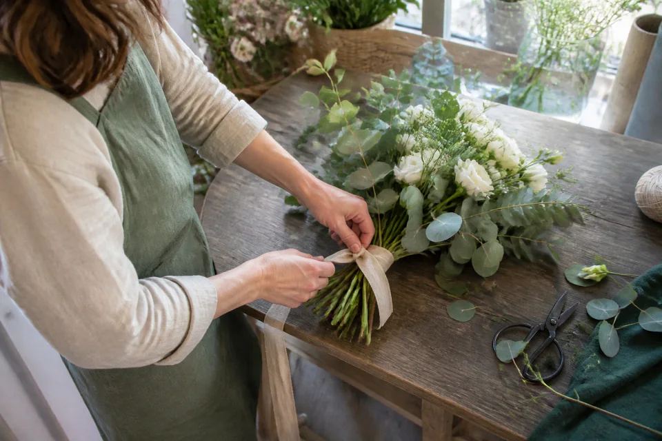 Préparation florale pour un mariage — illustration générée par IA