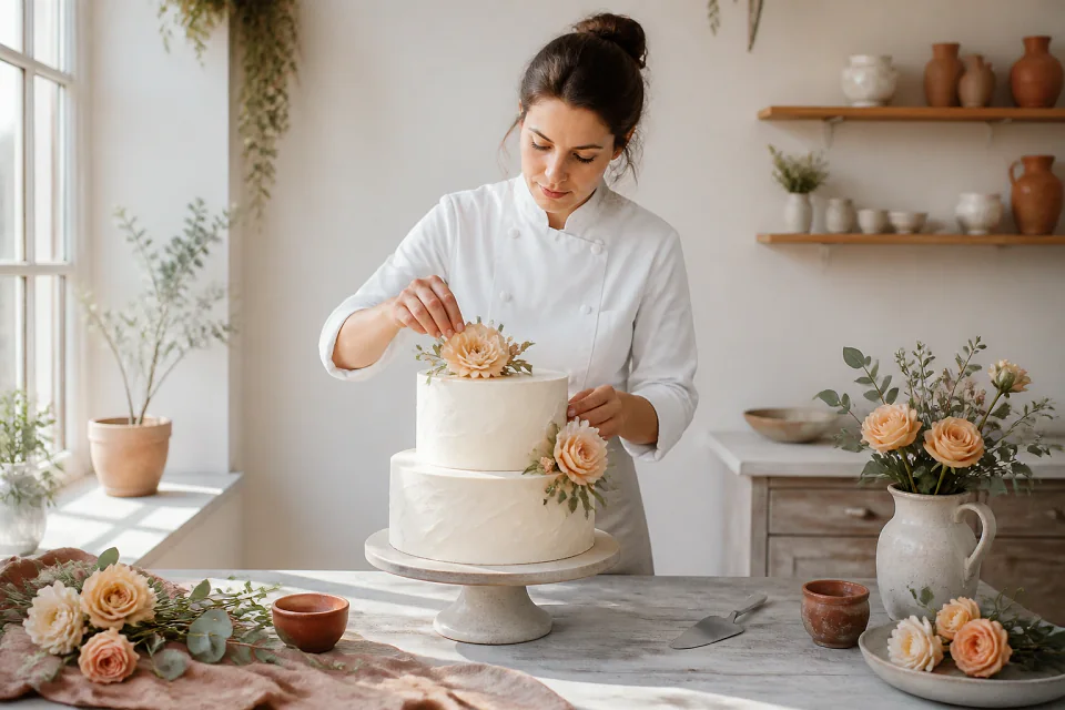 Gâteau de mariage préparé dans un atelier — illustration générée par IA