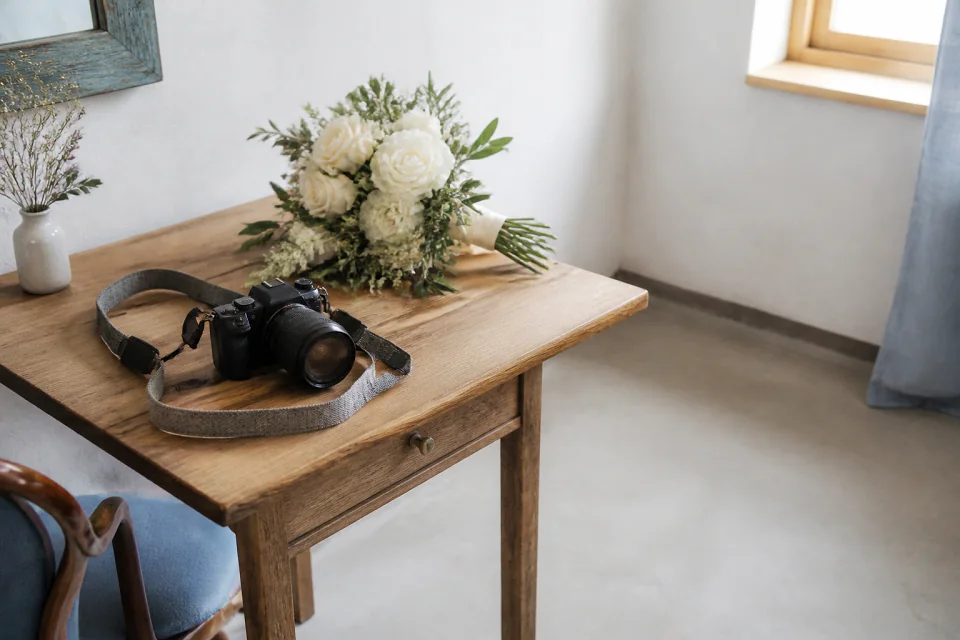 Appareil photo et accessoires de reportage de mariage — illustration générée par IA