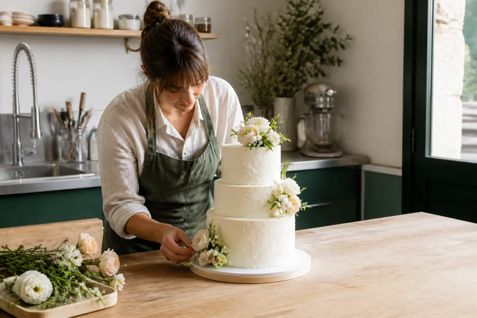 Gâteau de mariage préparé dans un atelier — illustration générée par IA