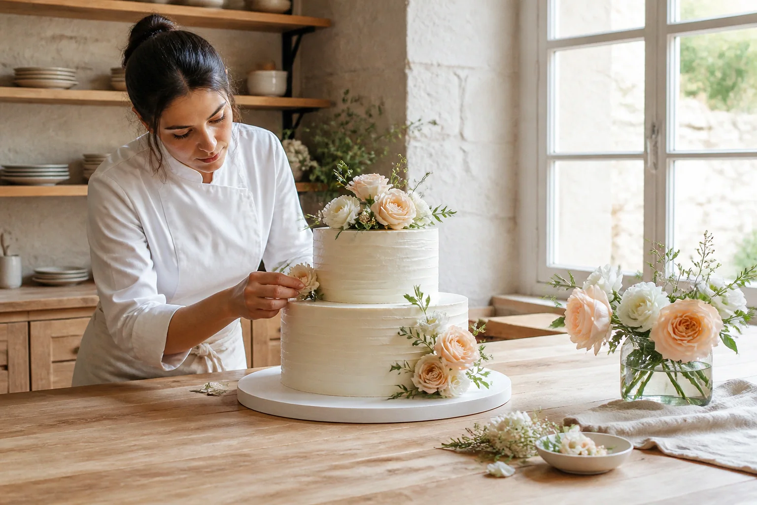 Gâteau de mariage préparé dans un atelier — illustration générée par IA