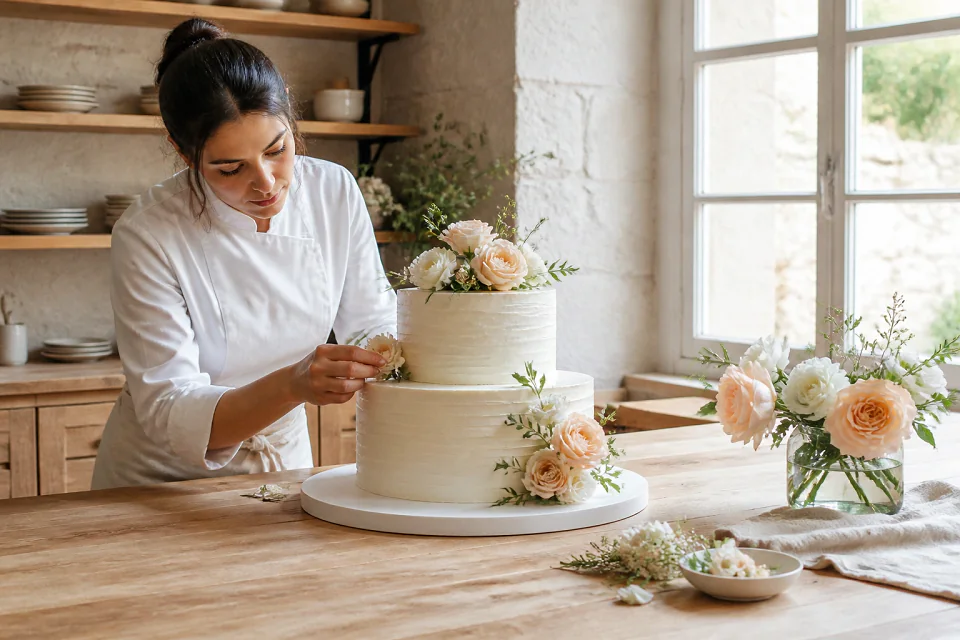 Gâteau de mariage préparé dans un atelier — illustration générée par IA