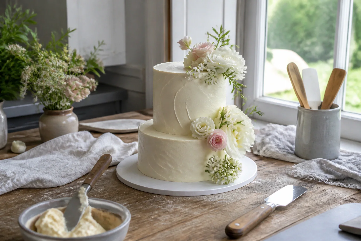 Gâteau de mariage préparé dans un atelier — illustration générée par IA