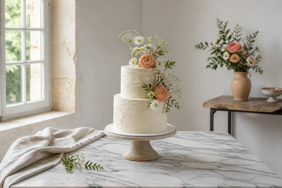 Gâteau de mariage préparé dans un atelier — illustration générée par IA