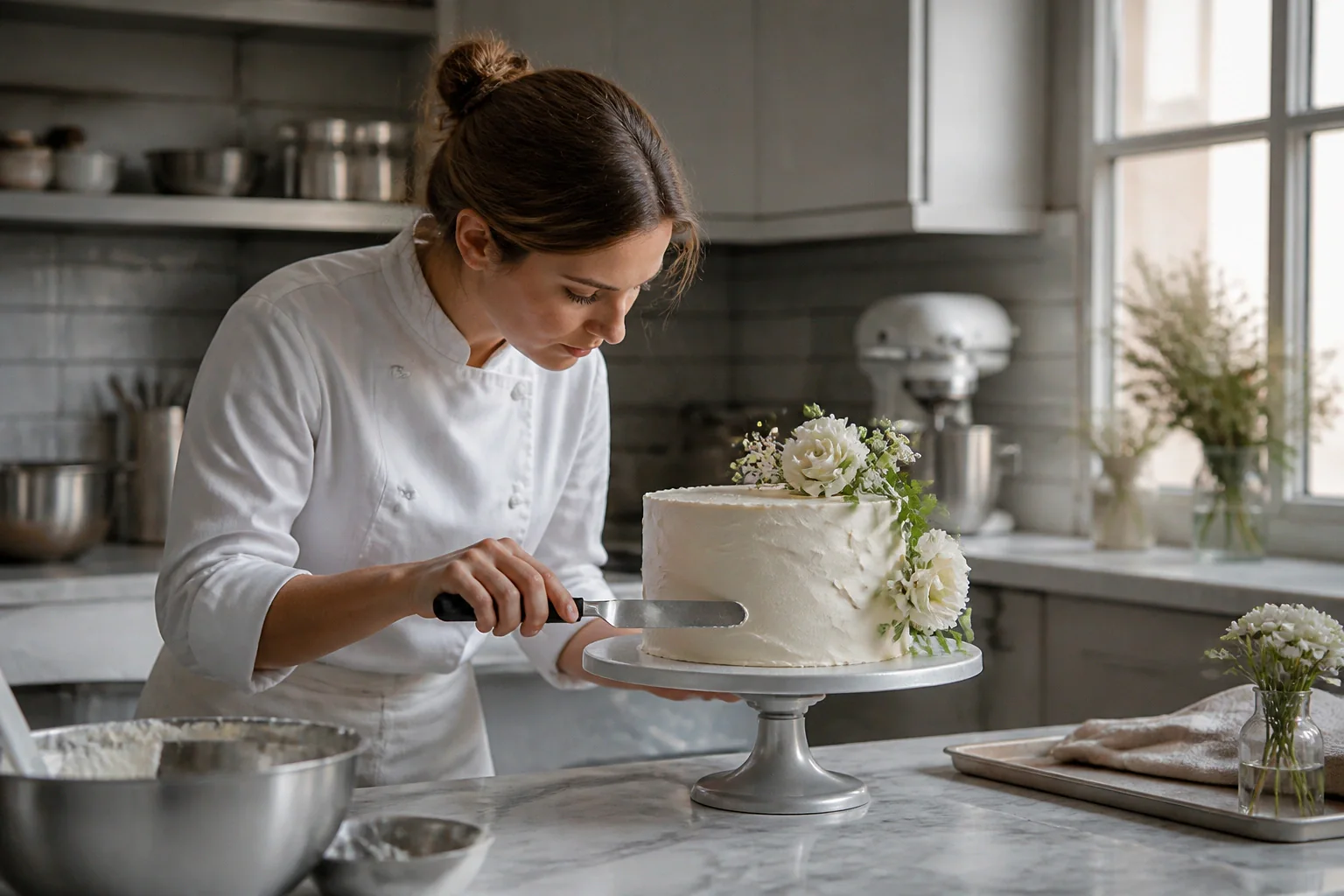 Gâteau de mariage préparé dans un atelier — illustration générée par IA