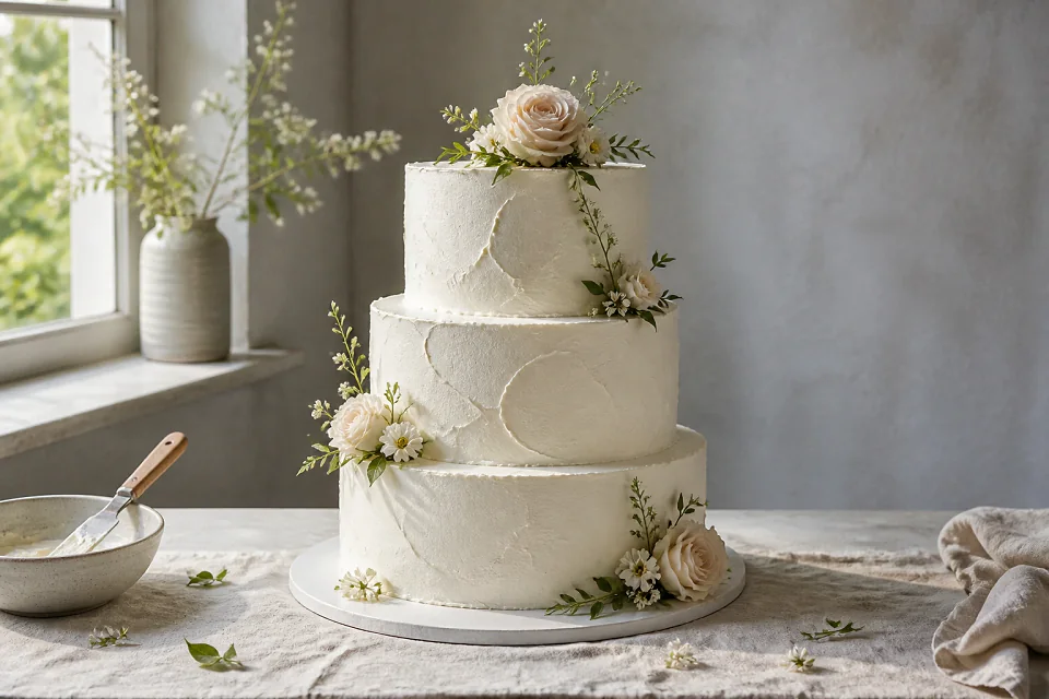 Gâteau de mariage préparé dans un atelier — illustration générée par IA
