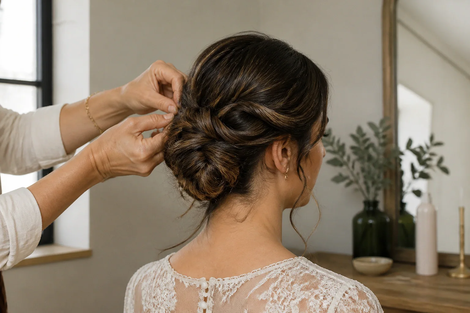 Coiffure de cérémonie vue pendant la préparation — illustration générée par IA