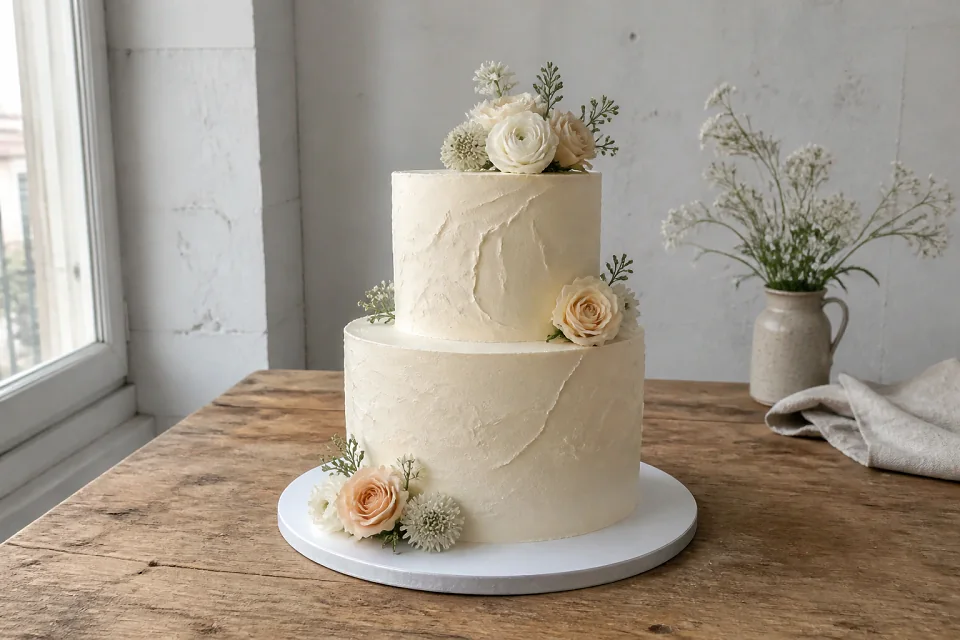 Gâteau de mariage préparé dans un atelier — illustration générée par IA