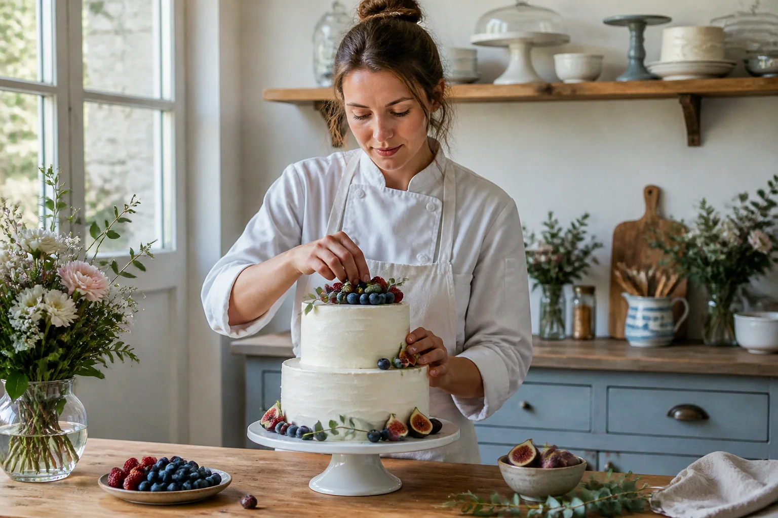 Gâteau de mariage préparé dans un atelier — illustration générée par IA