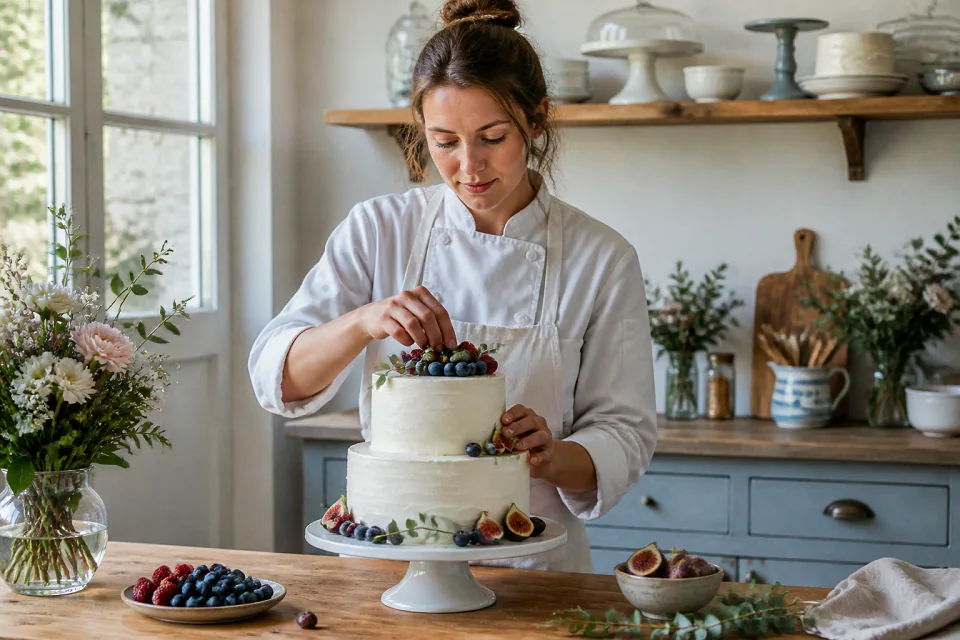 Gâteau de mariage préparé dans un atelier — illustration générée par IA