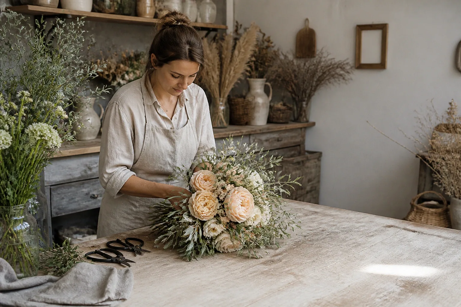 Préparation florale pour un mariage — illustration générée par IA
