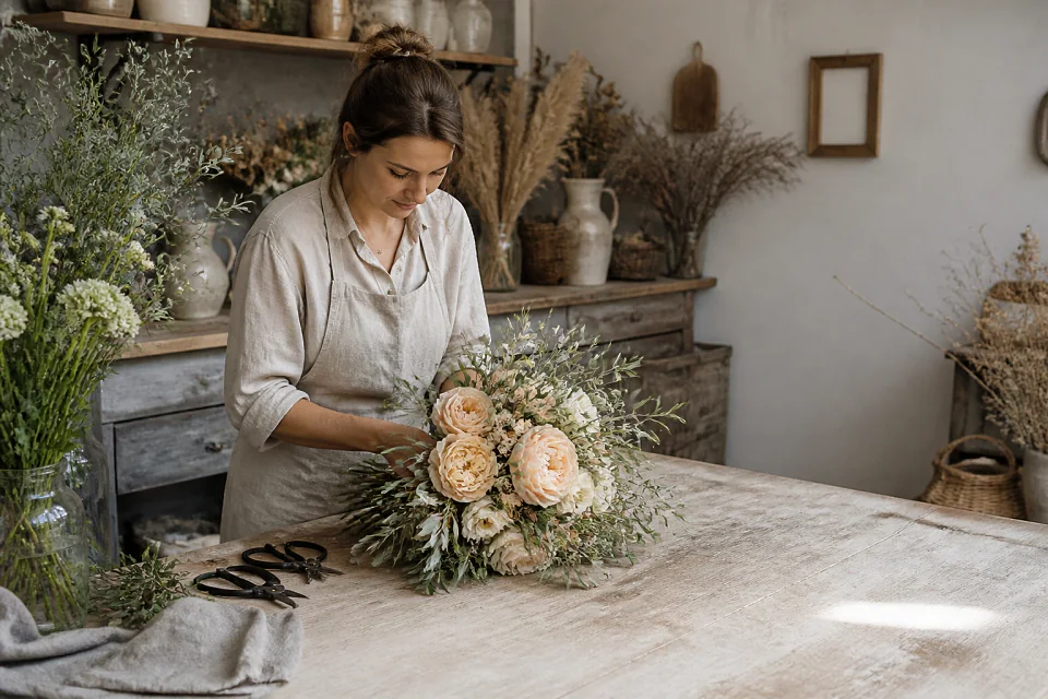 Préparation florale pour un mariage — illustration générée par IA