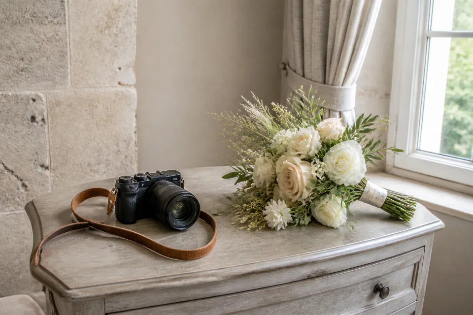 Appareil photo et accessoires de reportage de mariage — illustration générée par IA