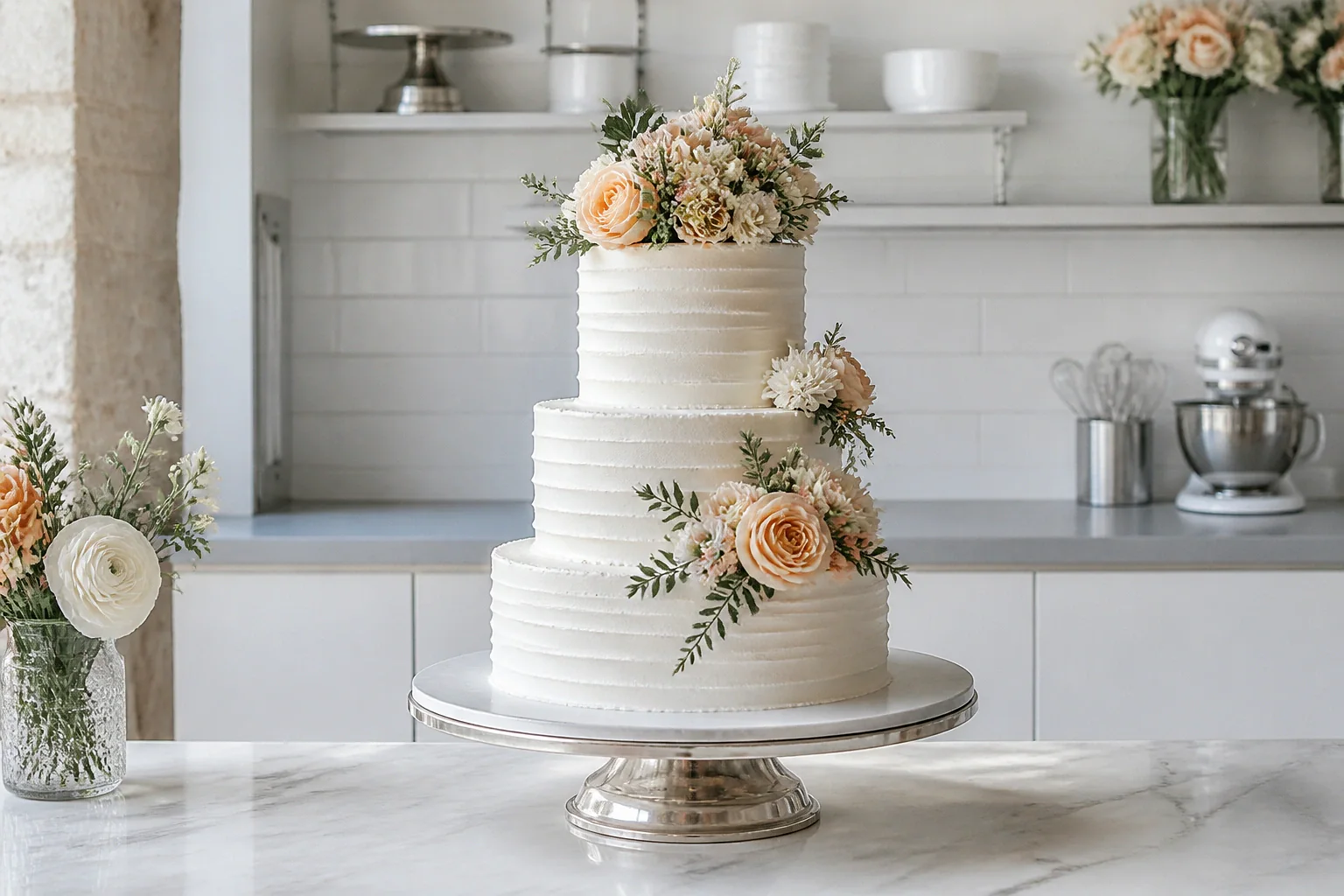 Gâteau de mariage préparé dans un atelier — illustration générée par IA