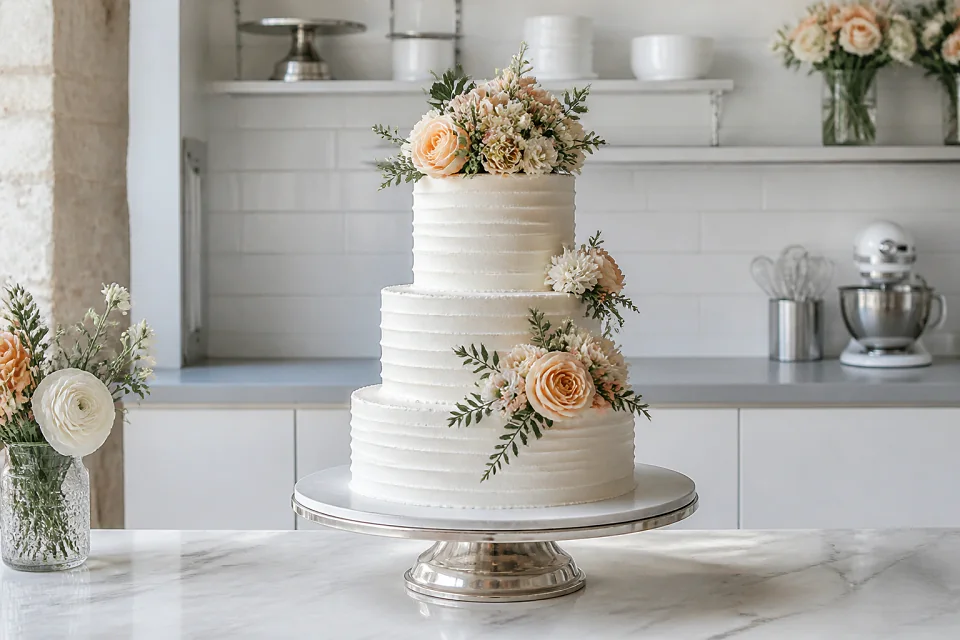 Gâteau de mariage préparé dans un atelier — illustration générée par IA