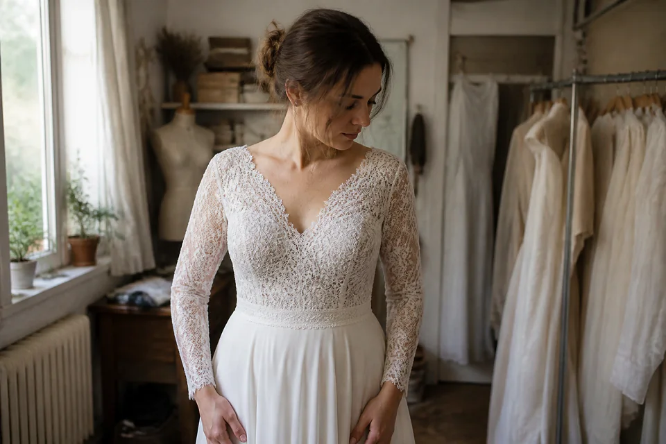 Robe de mariée dans un atelier de confection — illustration générée par IA